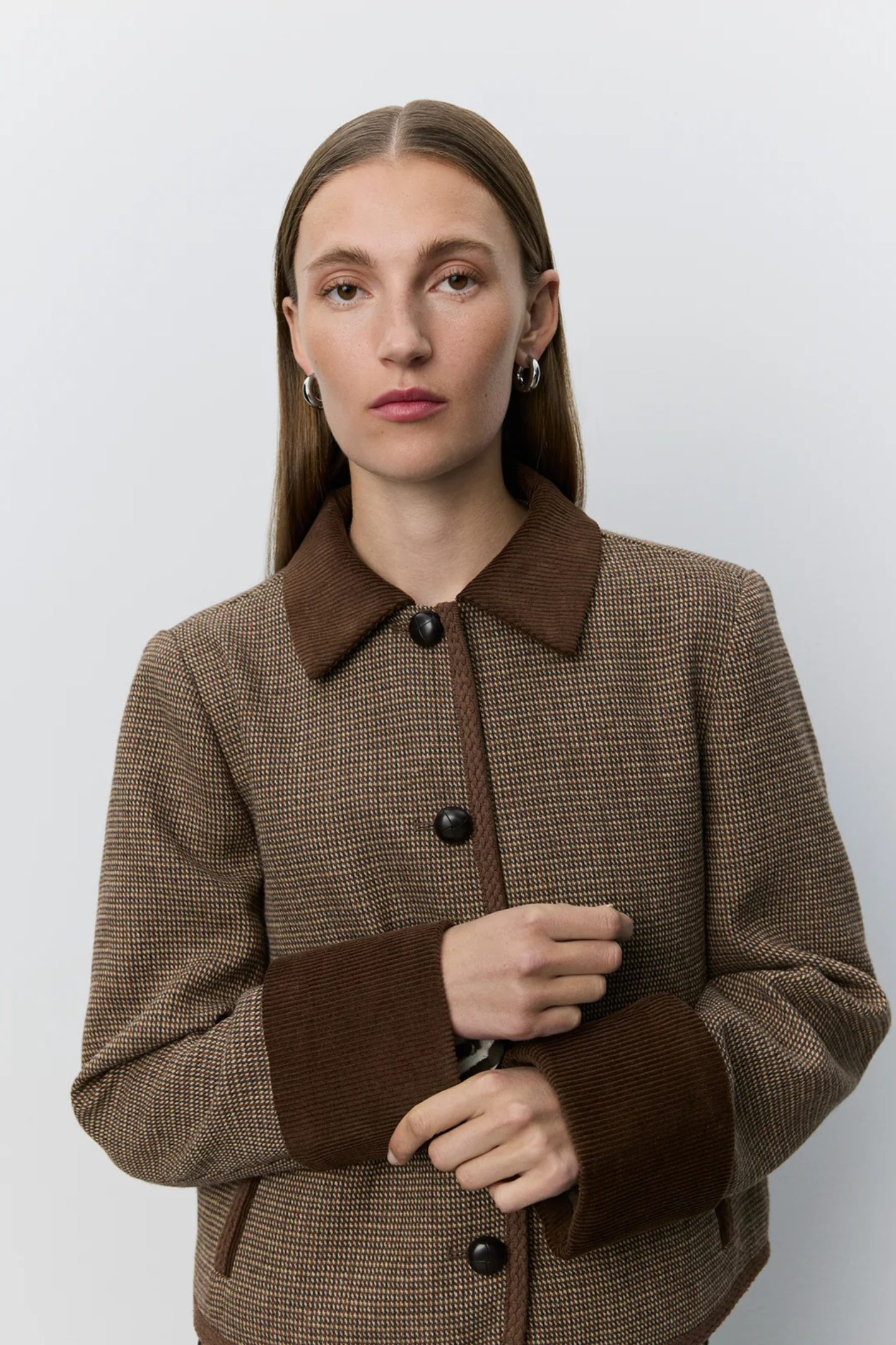 Sofie Schnoor brown check short blazer with corduroy collar – Dotique