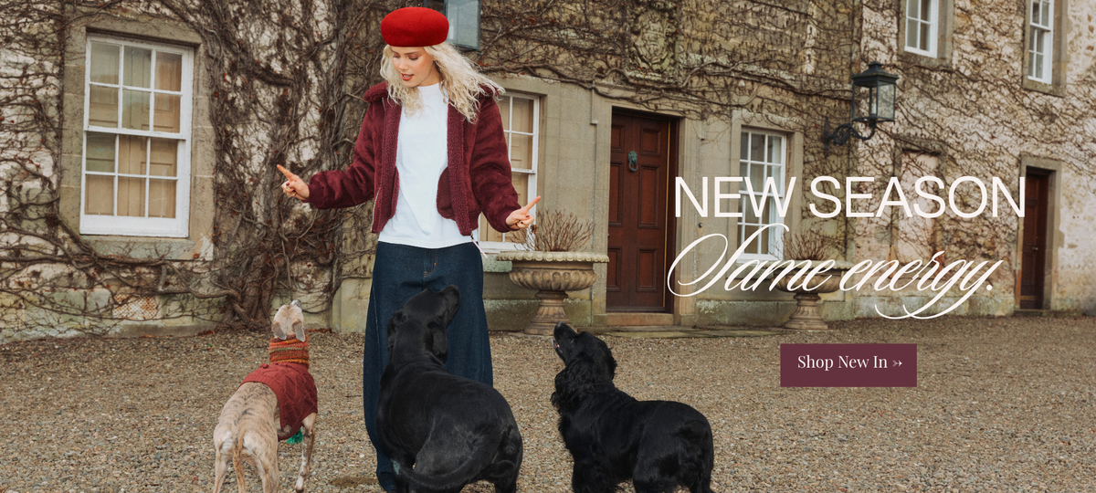 A woman wearing a burgundy jacket, white top, navy skirt, and red beret stands in a stone courtyard with two dogs, one wearing a red sweater. Large text on the right reads 'NEW SEASON Same energy' with a 'Shop Now In' button below.