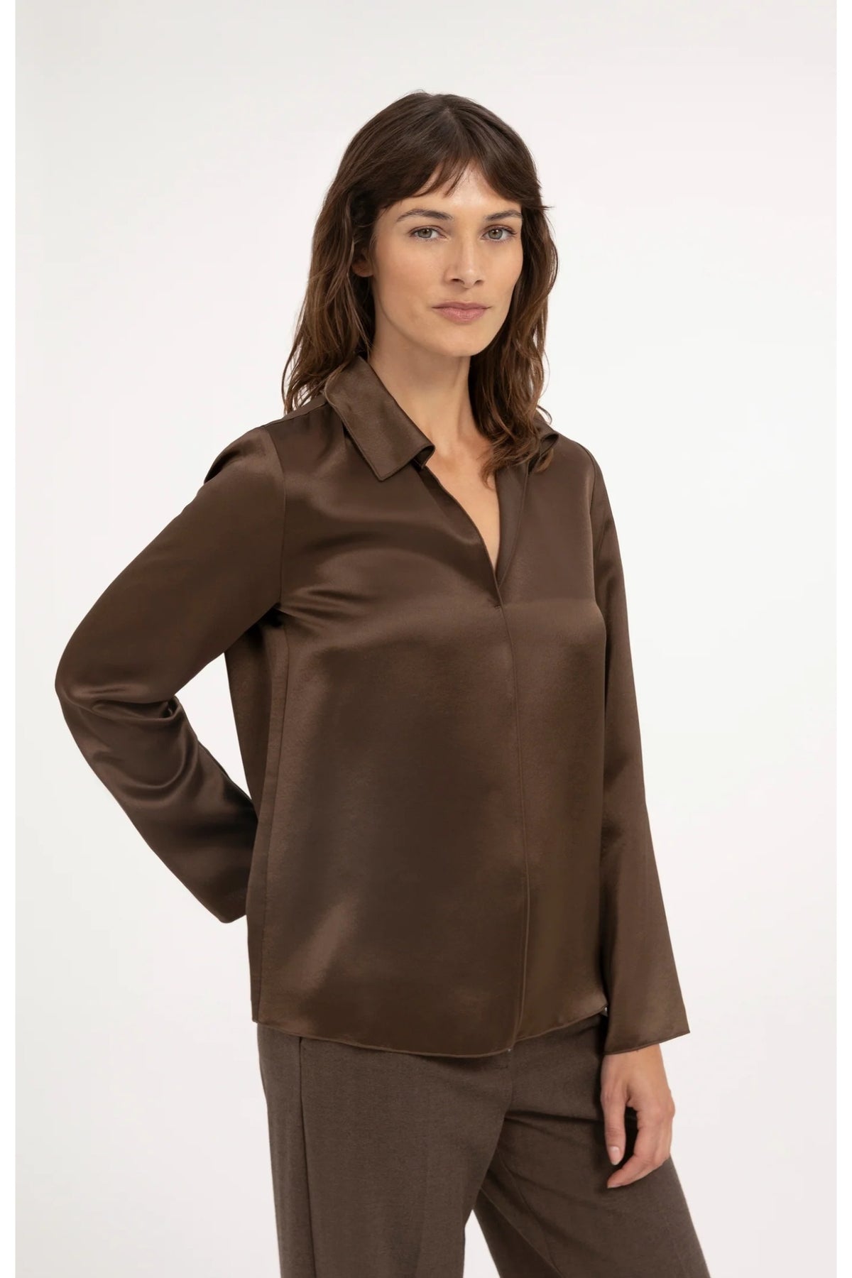 Yaya 01-701425-610 Satin Blouse with Collar Coco Brown by YAYA. Shop YAYA at Dotique