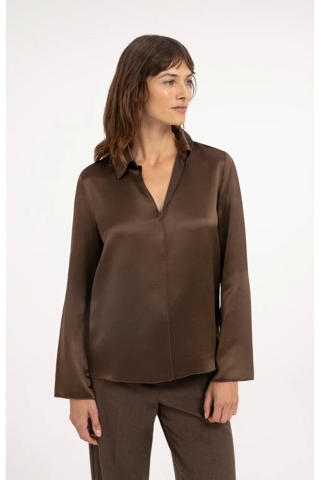 Yaya 01-701425-610 Satin Blouse with Collar Coco Brown, brown satin blouse on model. Shop YAYA at Dotique.