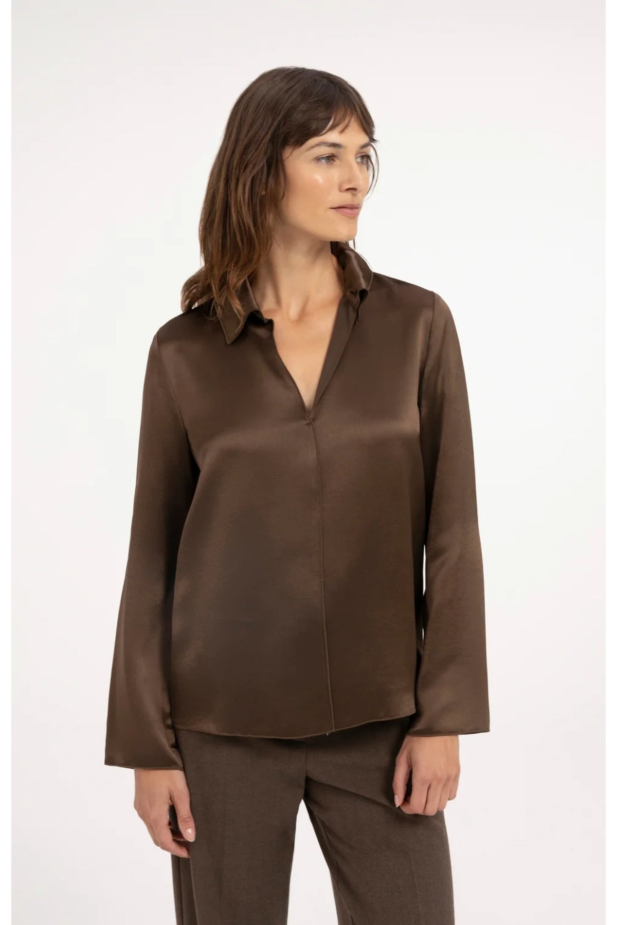 Yaya 01-701425-610 Satin Blouse with Collar Coco Brown, brown satin blouse on model. Shop YAYA at Dotique.