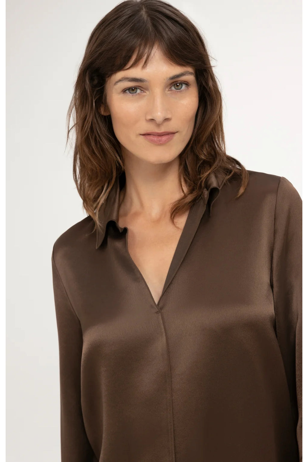 Yaya 01-701425-610 Satin Blouse with Collar Coco Brown by YAYA Shop YAYA at Dotique