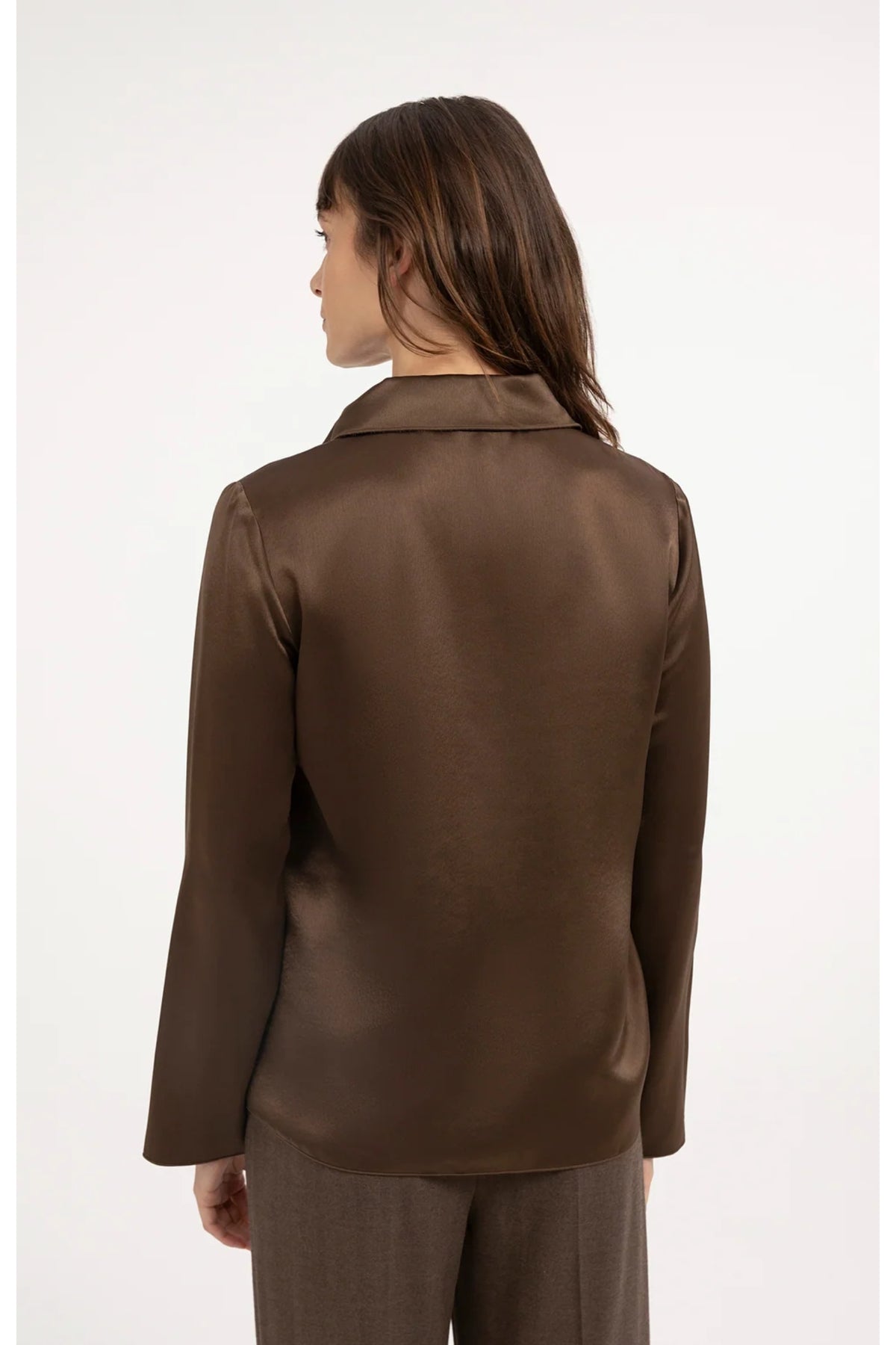 Back view of Yaya 01-701425-610 Satin Blouse with Collar Coco Brown by YAYA Shop YAYA at Dotique
