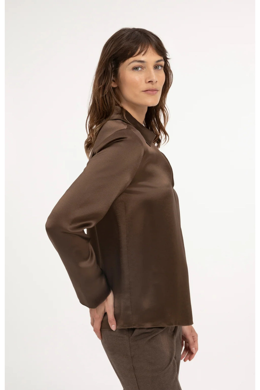 Yaya 01-701425-610 Satin Blouse with Collar Coco Brown shown on model YAYA Shop YAYA at Dotique