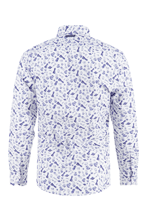 White men's shirt with blue Chess pattern on a white background. Shop now at Dotique