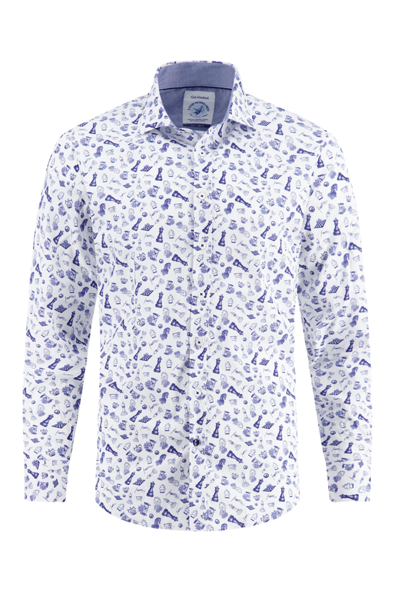 White men's shirt with blue Chess pattern on a white background. Shop now at Dotique