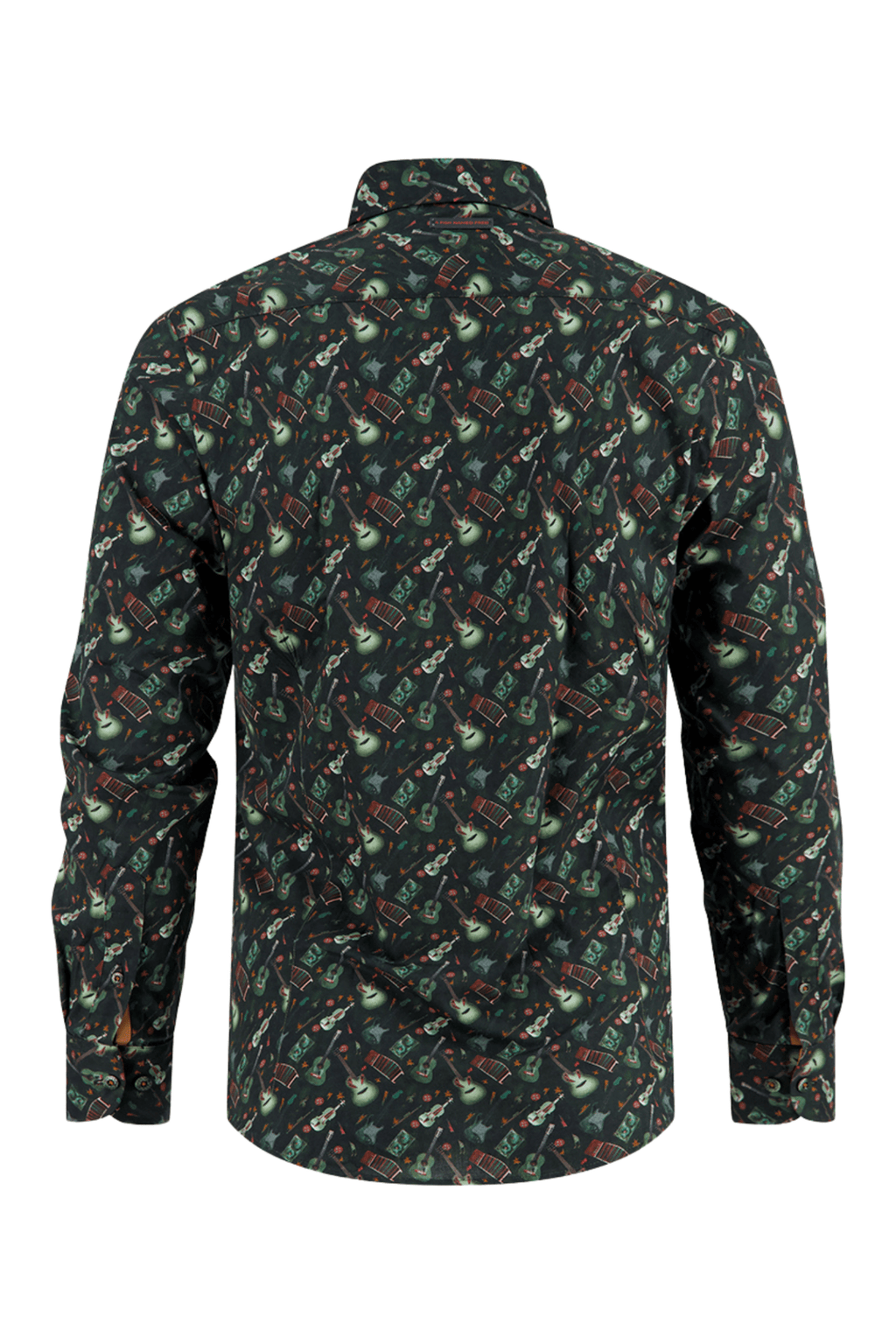 Long-sleeve Men's shirt with guitar pattern on a white background