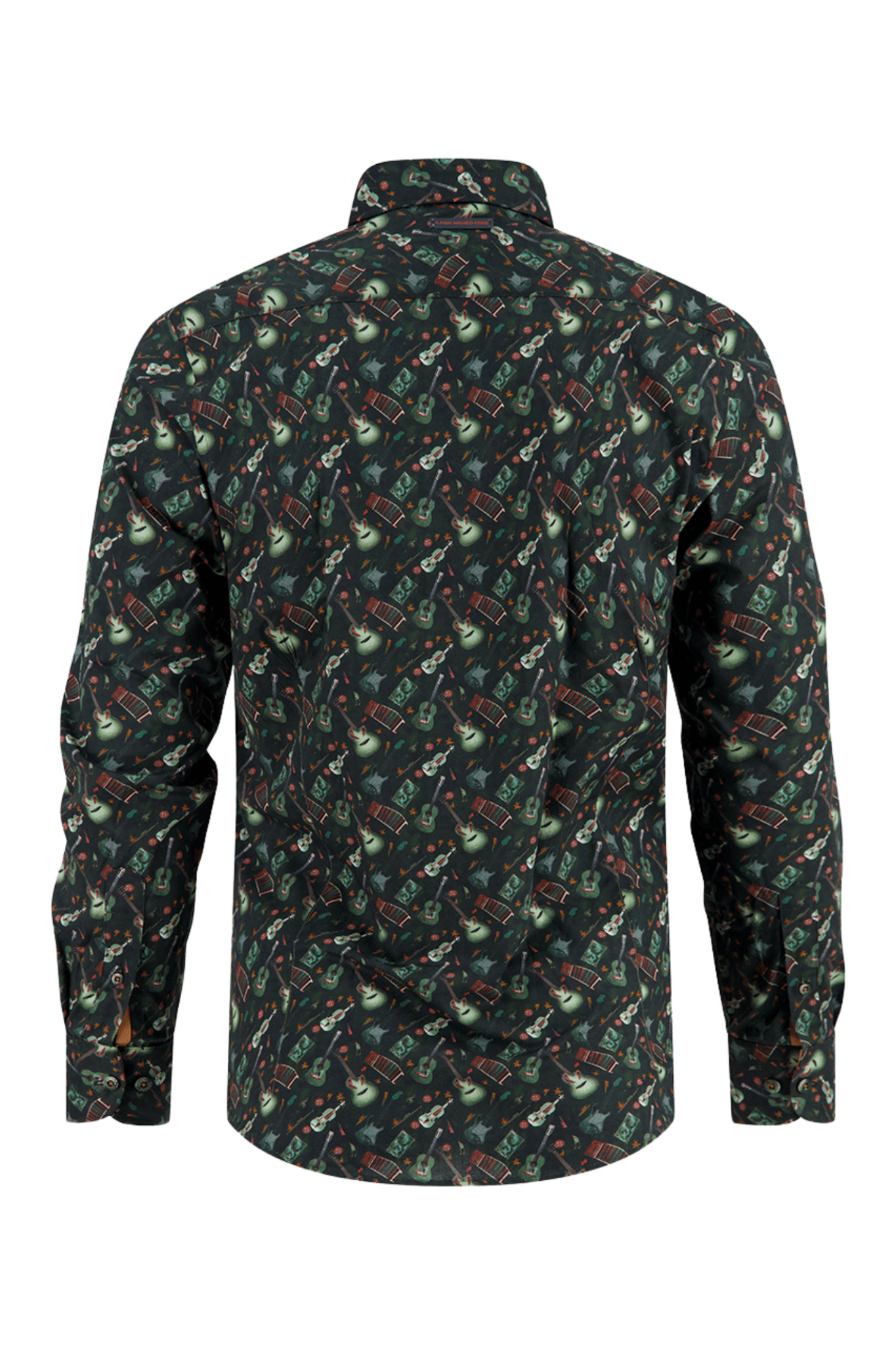 Long-sleeve Men's shirt with guitar pattern on a white background