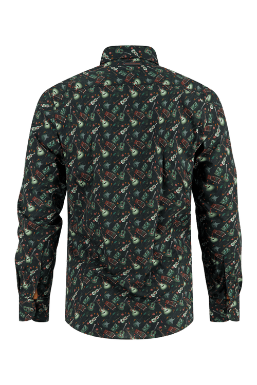 Long-sleeve Men's shirt with guitar pattern on a white background