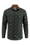 Long-sleeve shirt with guitar pattern on a white background. A Fish Named Fred 32.004 Men's Shirt Various Guitars Dark green