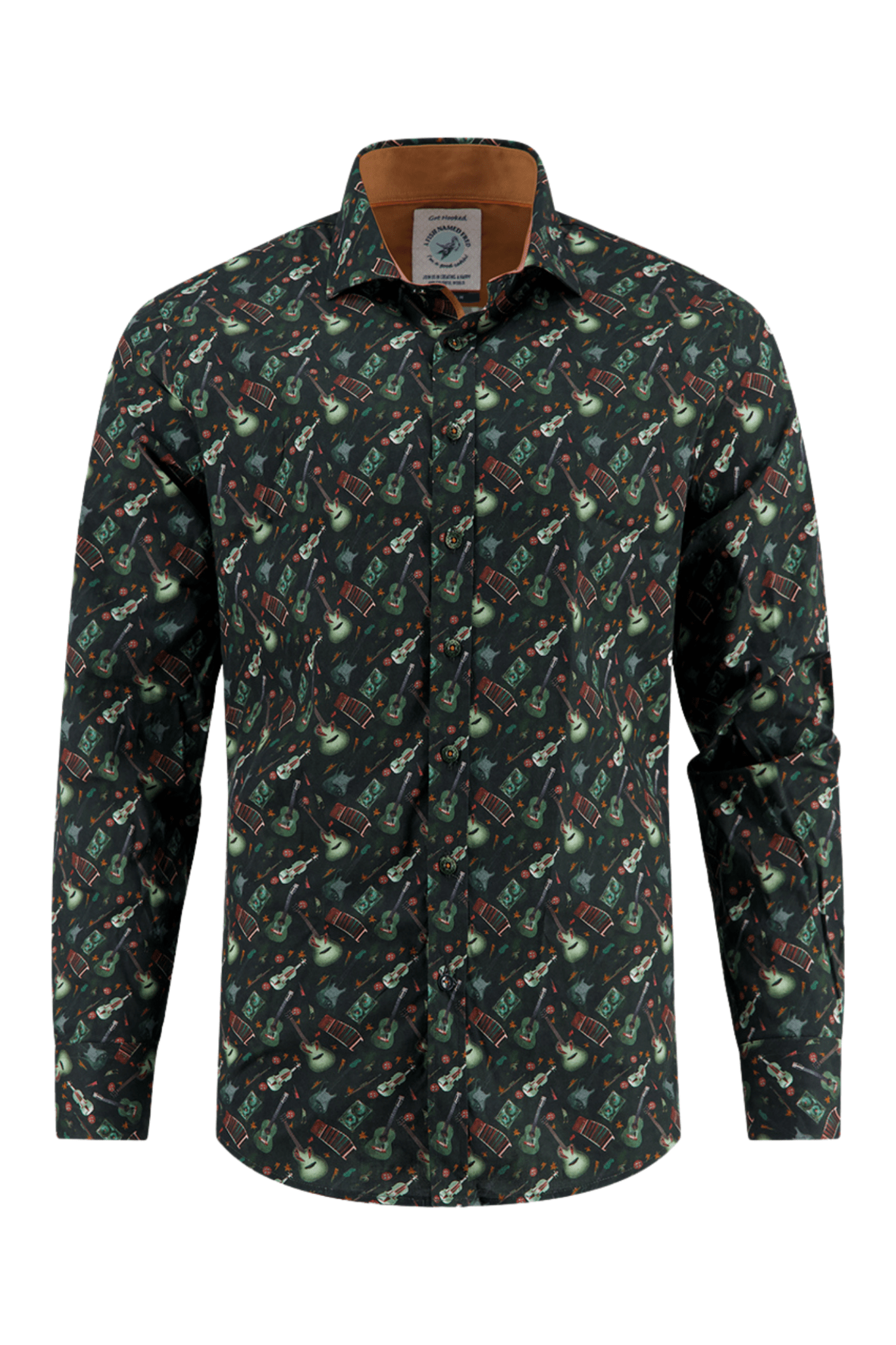 Long-sleeve shirt with guitar pattern on a white background. A Fish Named Fred 32.004 Men's Shirt Various Guitars Dark green