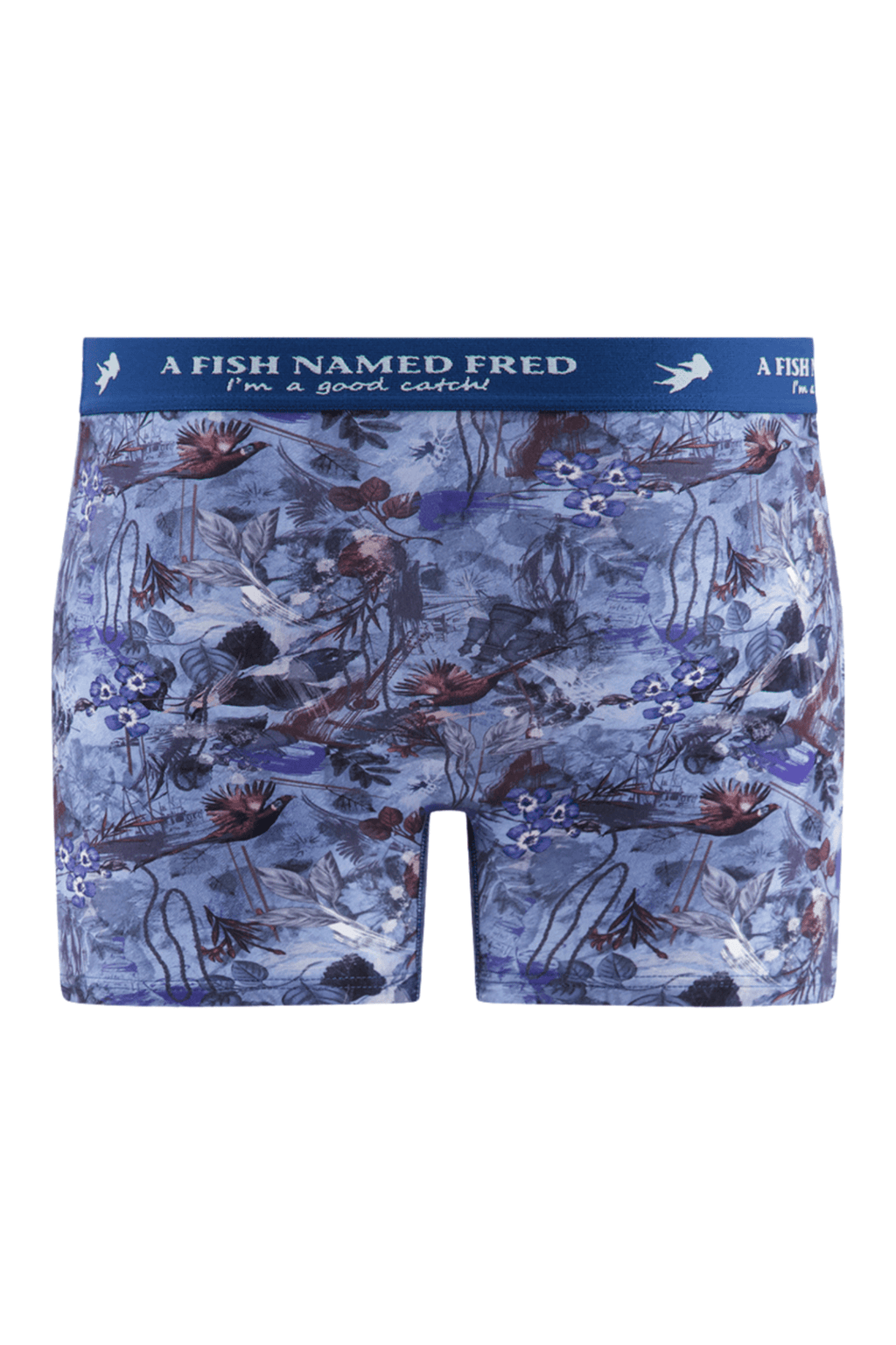 Boxer briefs with underwater animal pattern and 'A Fish Named Fred' branding on a white background