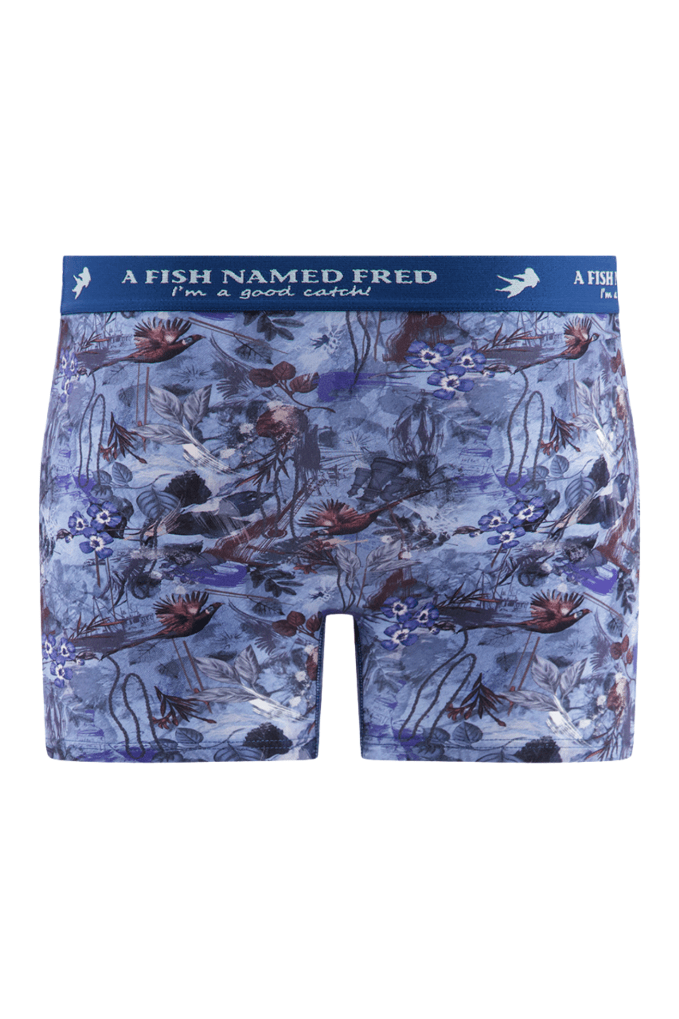 Boxer briefs with underwater animal pattern and 'A Fish Named Fred' branding on a white background