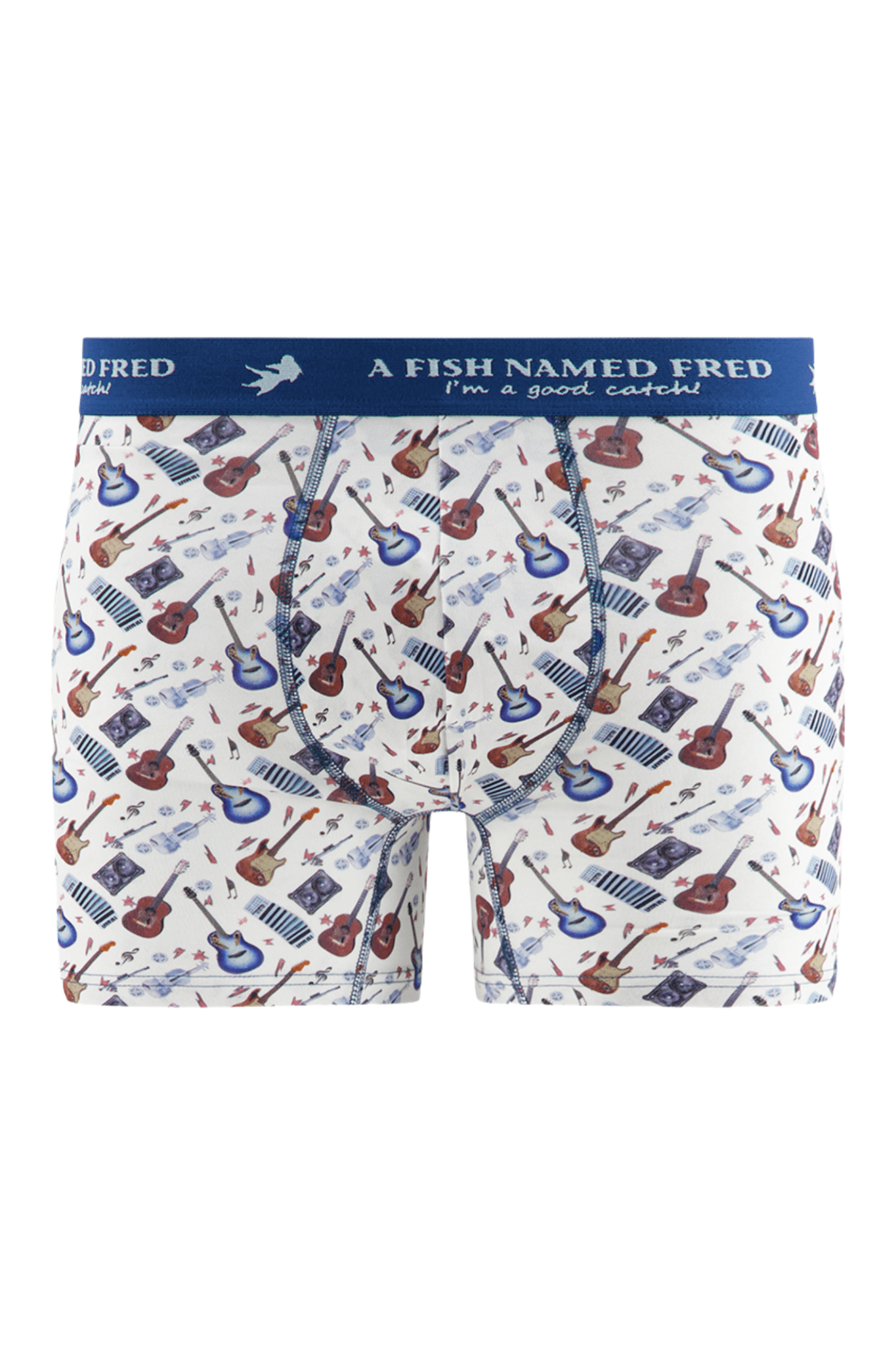 Boxer briefs with guitar pattern and 'A Fish Named Fred' branding on a white background
