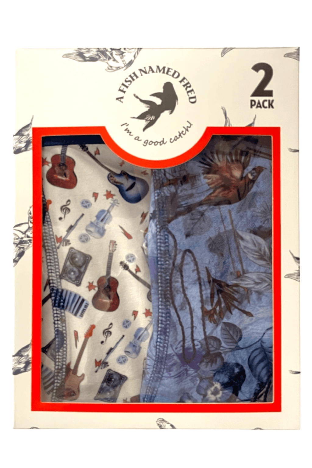 Two-pack of children's underwear with guitar and animal print packaging.