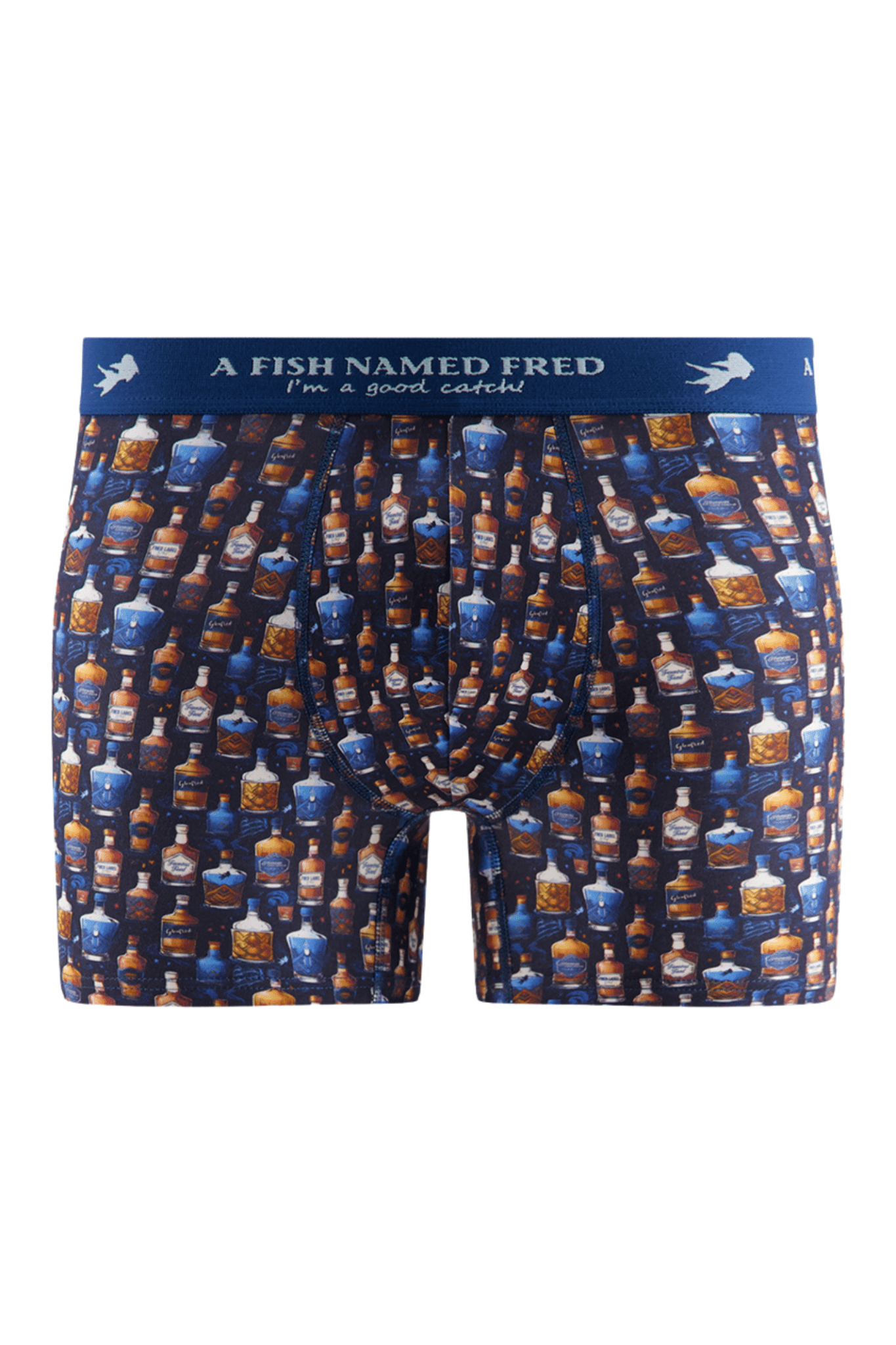 Boxer briefs with a bottle pattern and 'A Fish Named Fred' branding on a white background