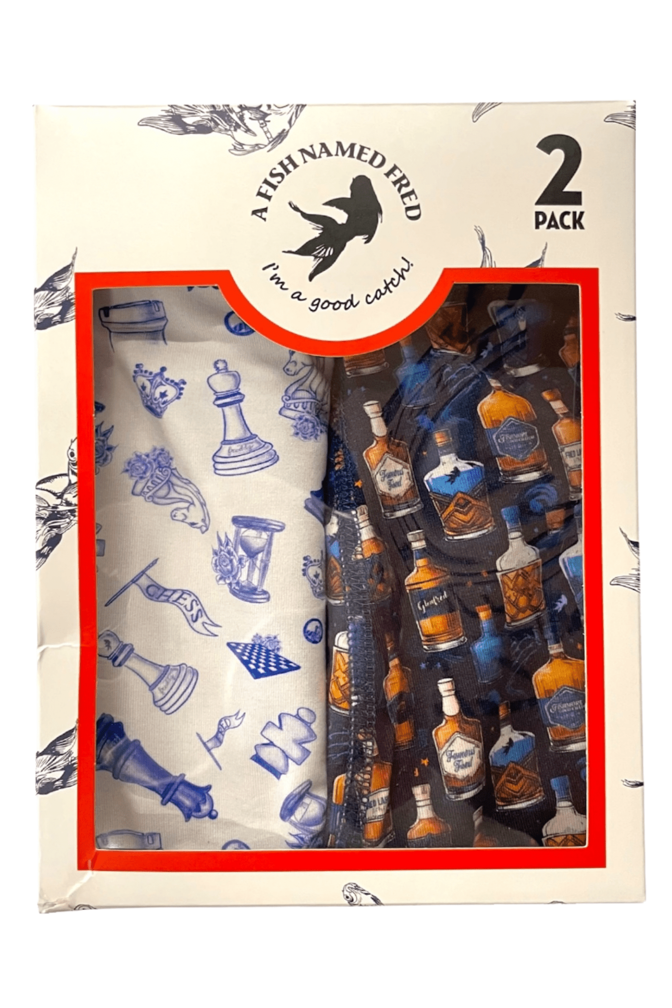 Two-pack of patterned fabric swatches in a decorative box with 'A Fish Named Fred' branding.