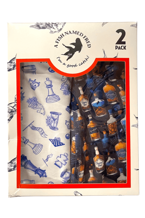 Two-pack of patterned fabric swatches in a decorative box with 'A Fish Named Fred' branding.