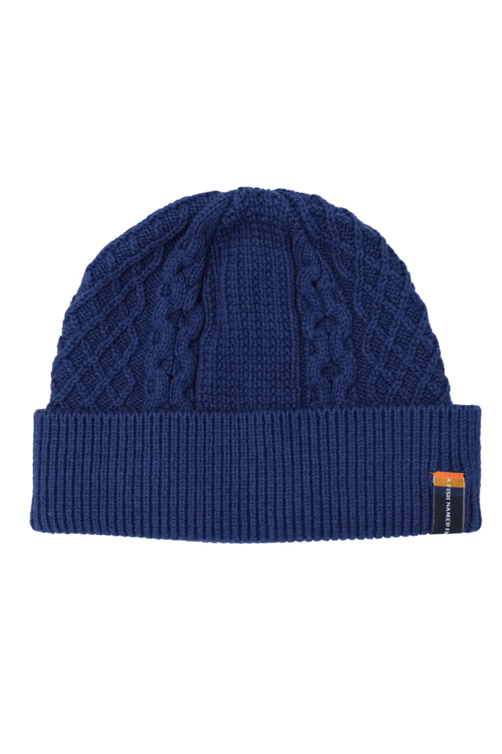 Blue knit men's beanie with a brand tag on a white background