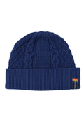 Blue knit men's beanie with a brand tag on a white background