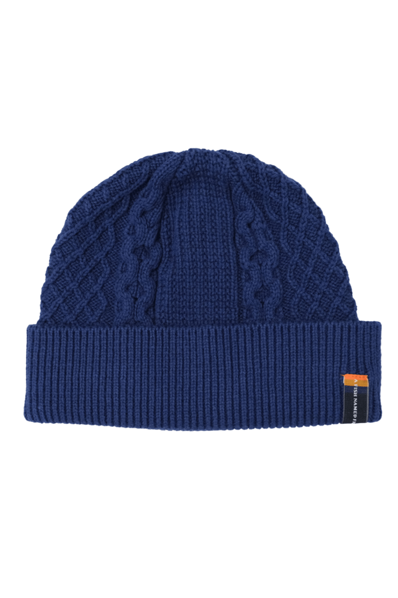 Blue knit men's beanie with a brand tag on a white background