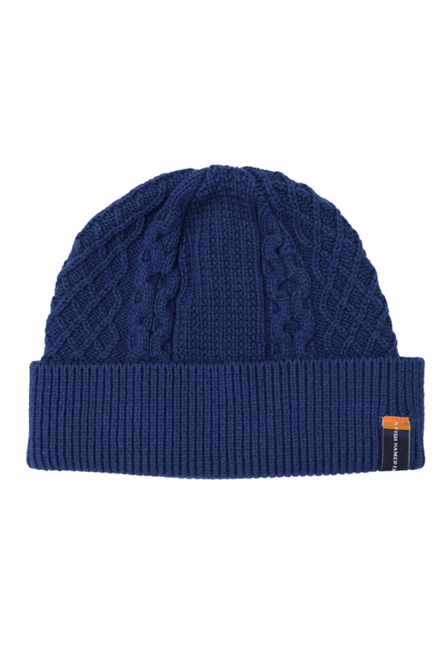 Blue knit men's beanie with a brand tag on a white background