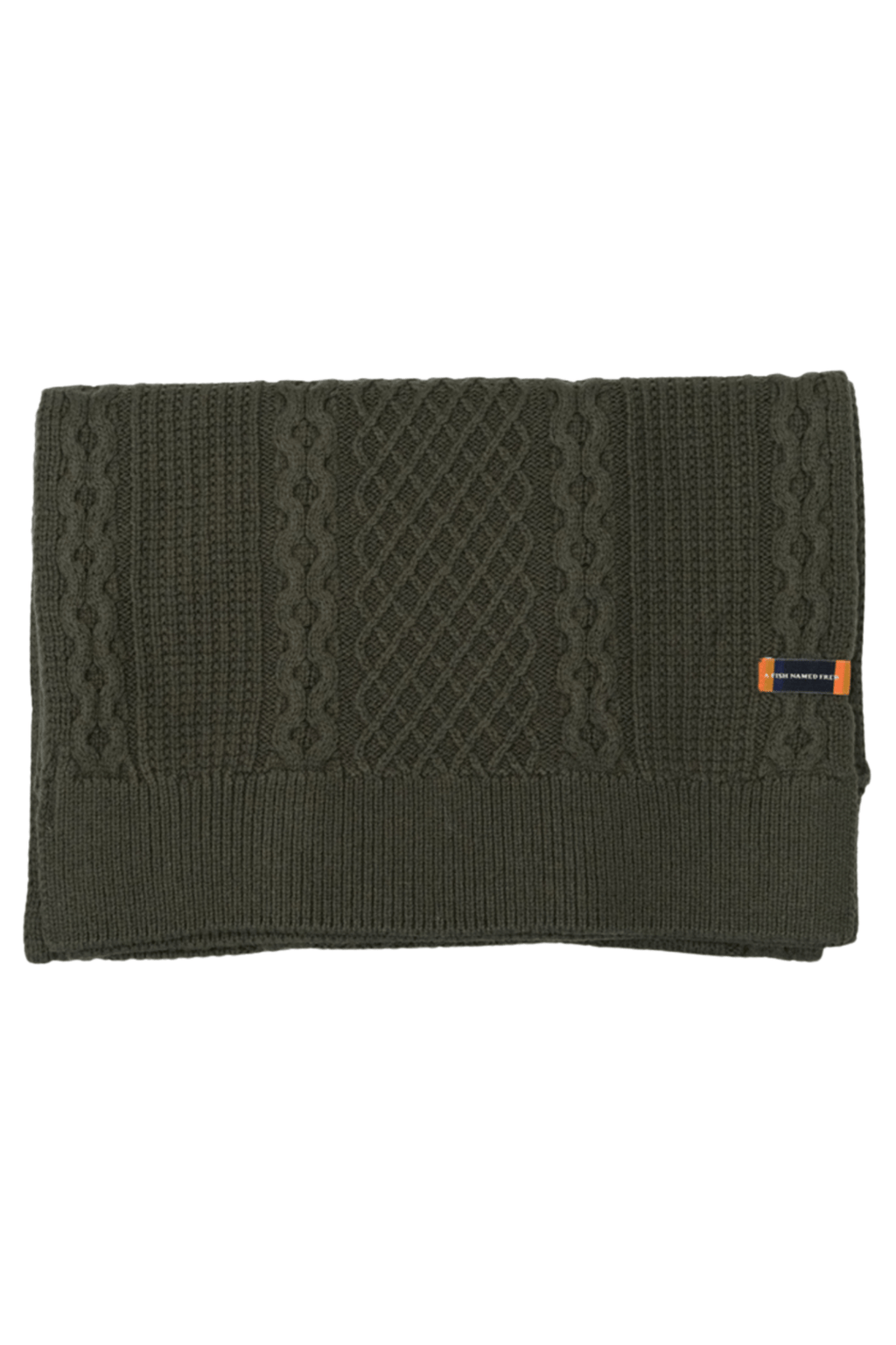 Complete your cold-weather look with this dark green cable knit scarf by A Fish Named Fred.