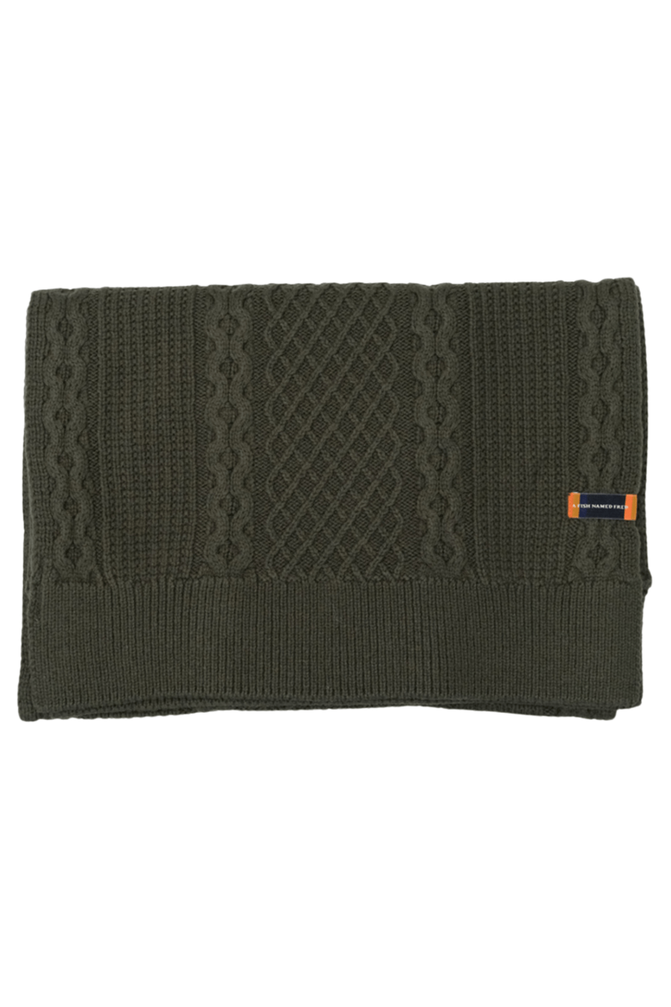 Complete your cold-weather look with this dark green cable knit scarf by A Fish Named Fred.