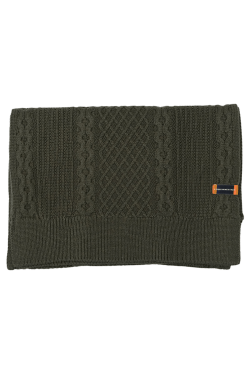Complete your cold-weather look with this dark green cable knit scarf by A Fish Named Fred.