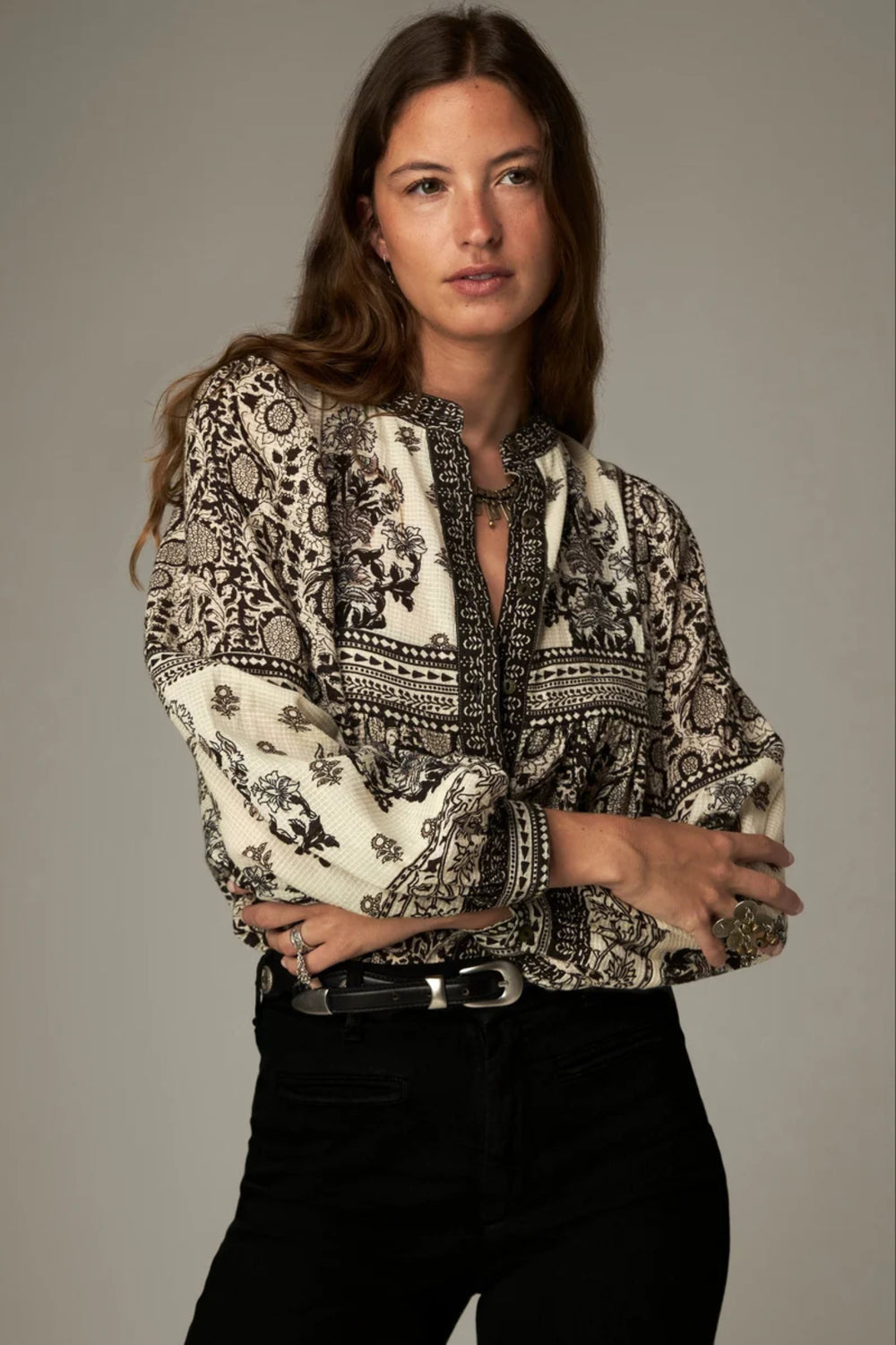 Shop the Maison Hotel Azar Blouse in Antique Bone at Dotique. A printed cotton blouse with contrast detailing, button front and an easy relaxed shape.