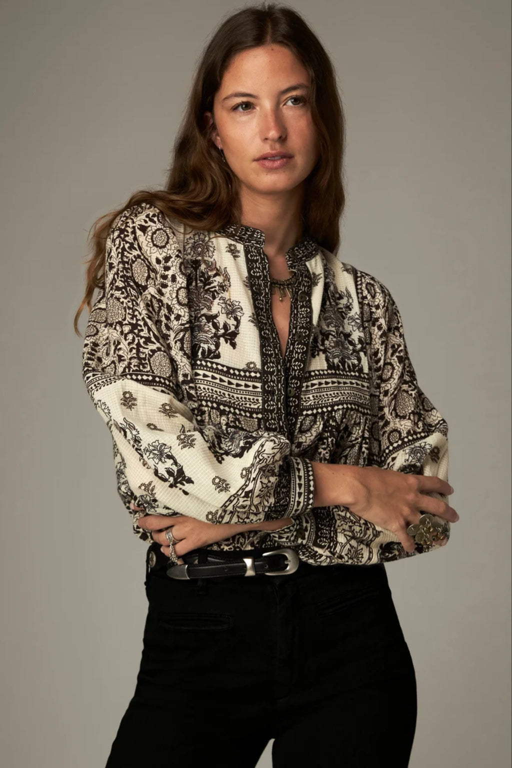 Shop the Maison Hotel Azar Blouse in Antique Bone at Dotique. A printed cotton blouse with contrast detailing, button front and an easy relaxed shape.
