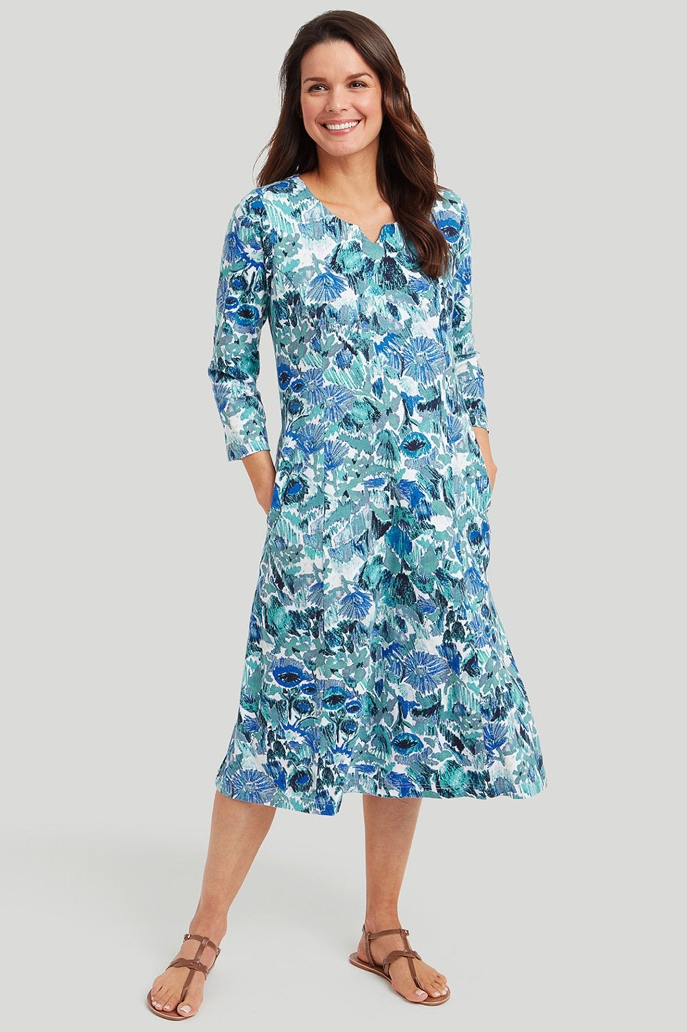 Adini 415193SC483 Becky Blue Mix Scribbly Floral Print Dress - Dotique