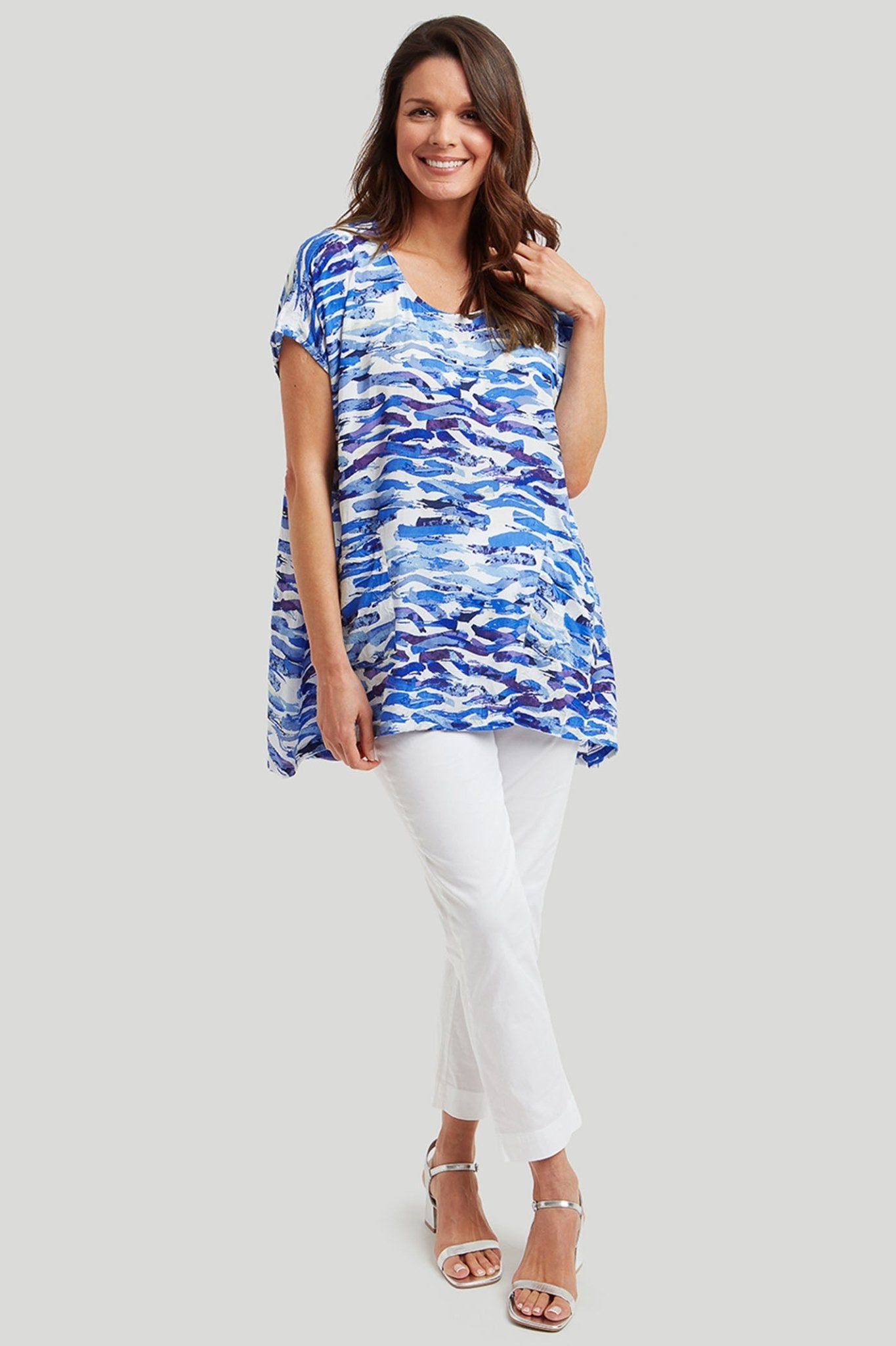 Adini 426764OP483 Colleen Blue Mix Ocean Print Tunic Top - Dotique