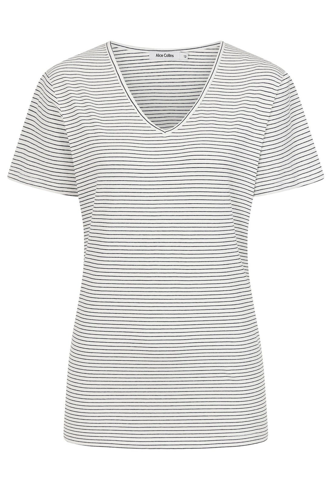 Alice Collins 034S012 Perfect Striped V-Neck T-Shirt White Black - Dotique