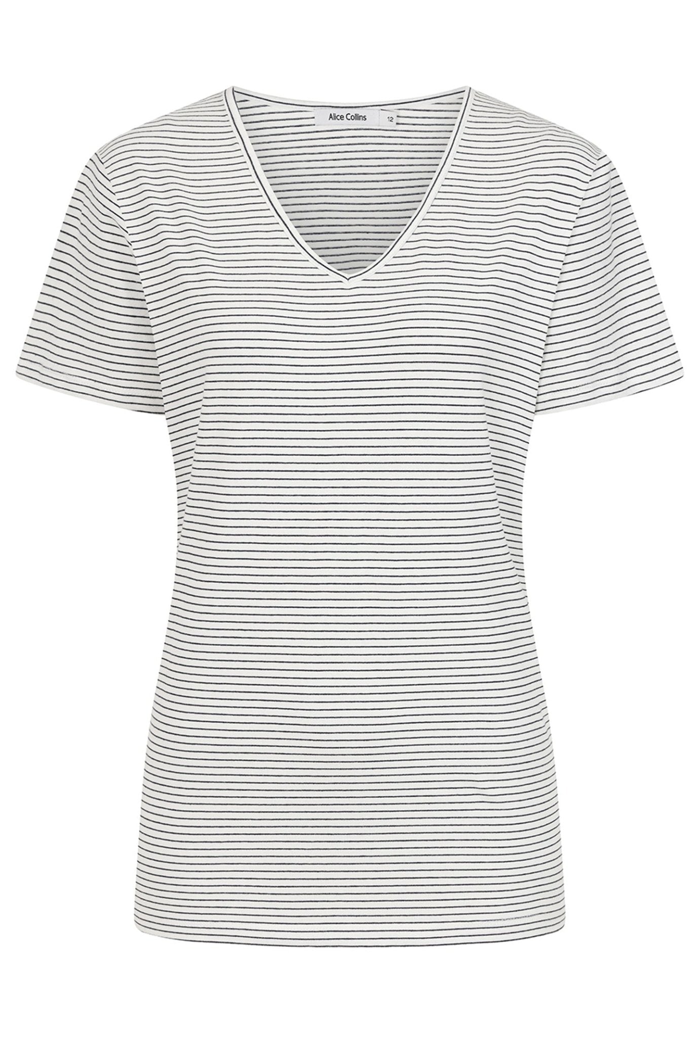 Alice Collins 034S012 Perfect Striped V-Neck T-Shirt White Black - Dotique