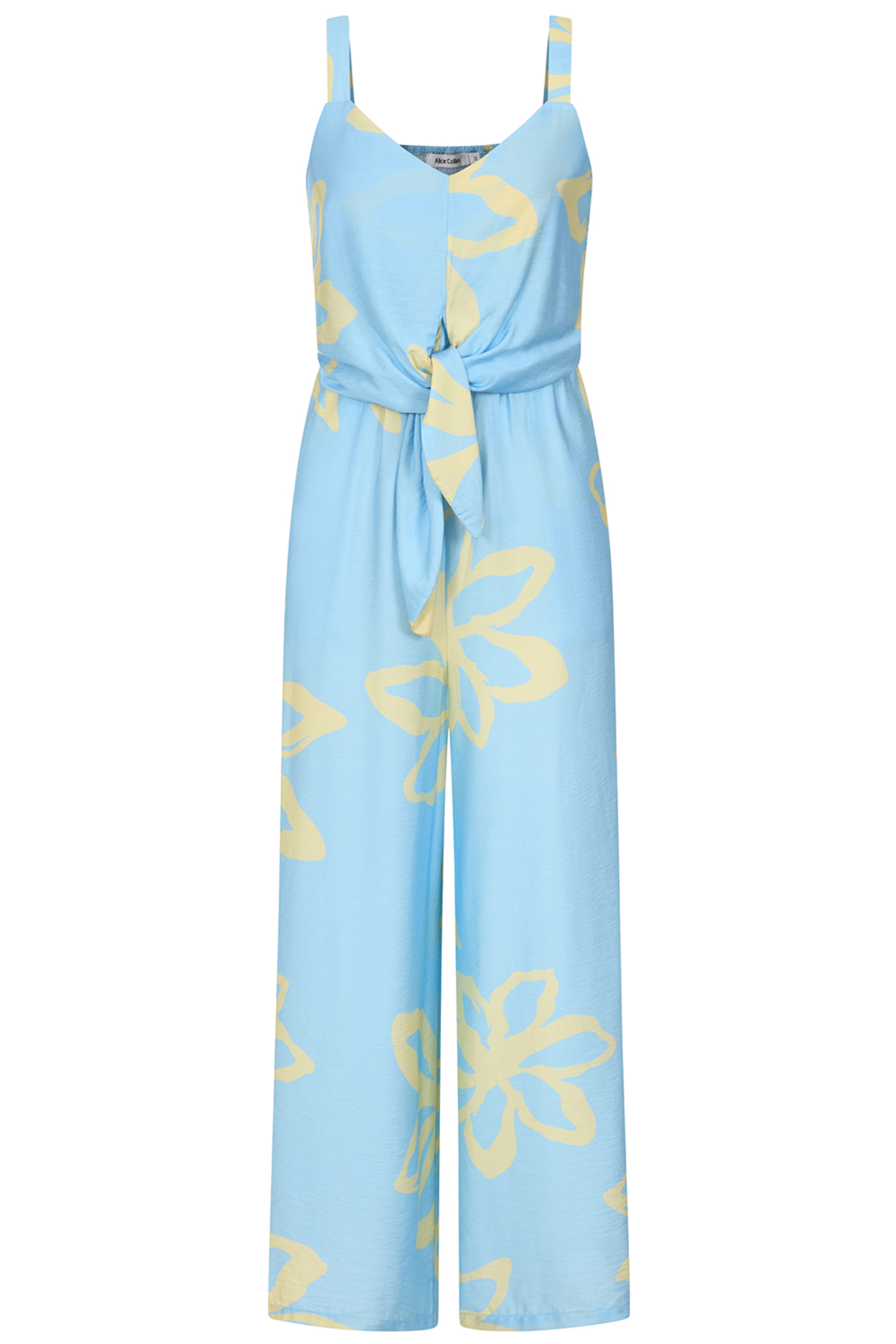 Alice Collins 036S274 Mairi Jumpsuit Sky by Alice Collins featuring a sky blue base with soft yellow floral prints and tie waist detail, shop Alice Collins at Dotique.
