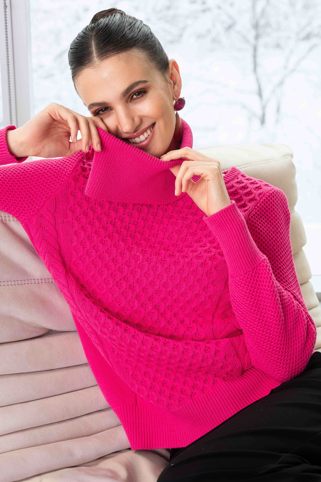 Alison Sheri A44032 Jumper Roll Neck Textured Knit Fuchsia Pink - Dotique