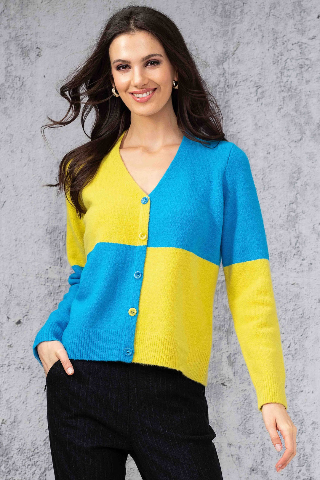 Alison Sheri A44035 Cardigan Turquoise Blue Yellow Block