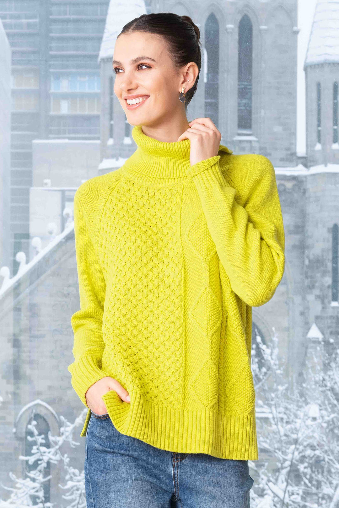 Alison Sheri A44042 Jumper Roll Neck Textured Knit Lime Green - Dotique