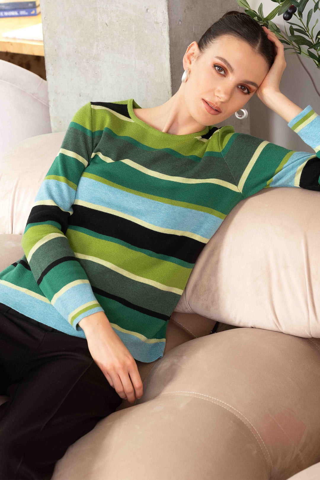 Alison Sheri A44108 Jumper Wide Stripe Green - Dotique