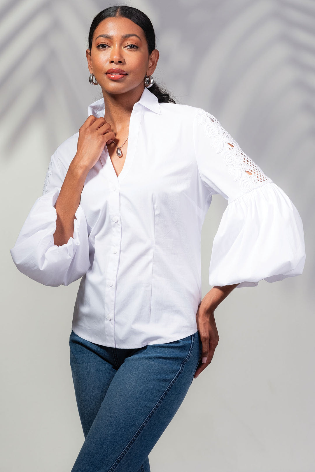 Alison Sheri A45208 White Puff Sleeve Shirt - Dotique