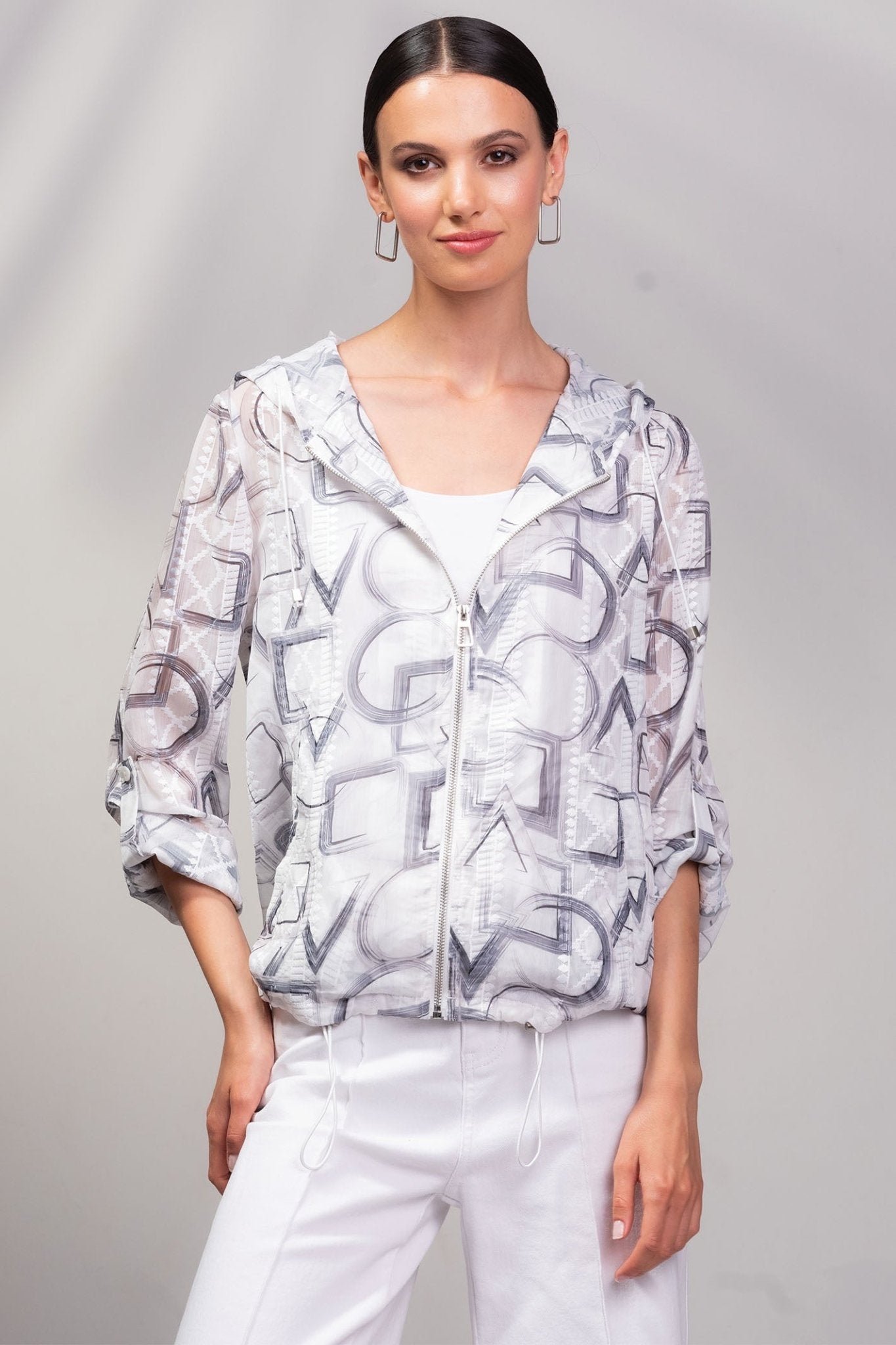 Alison Sheri A45243 White Grey Print Zip Front Hooded Jacket - Dotique - Alison Sheri