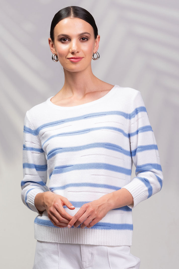 Alison Sheri A45348 White Blue Stripe Boat Neck Jumper - Dotique