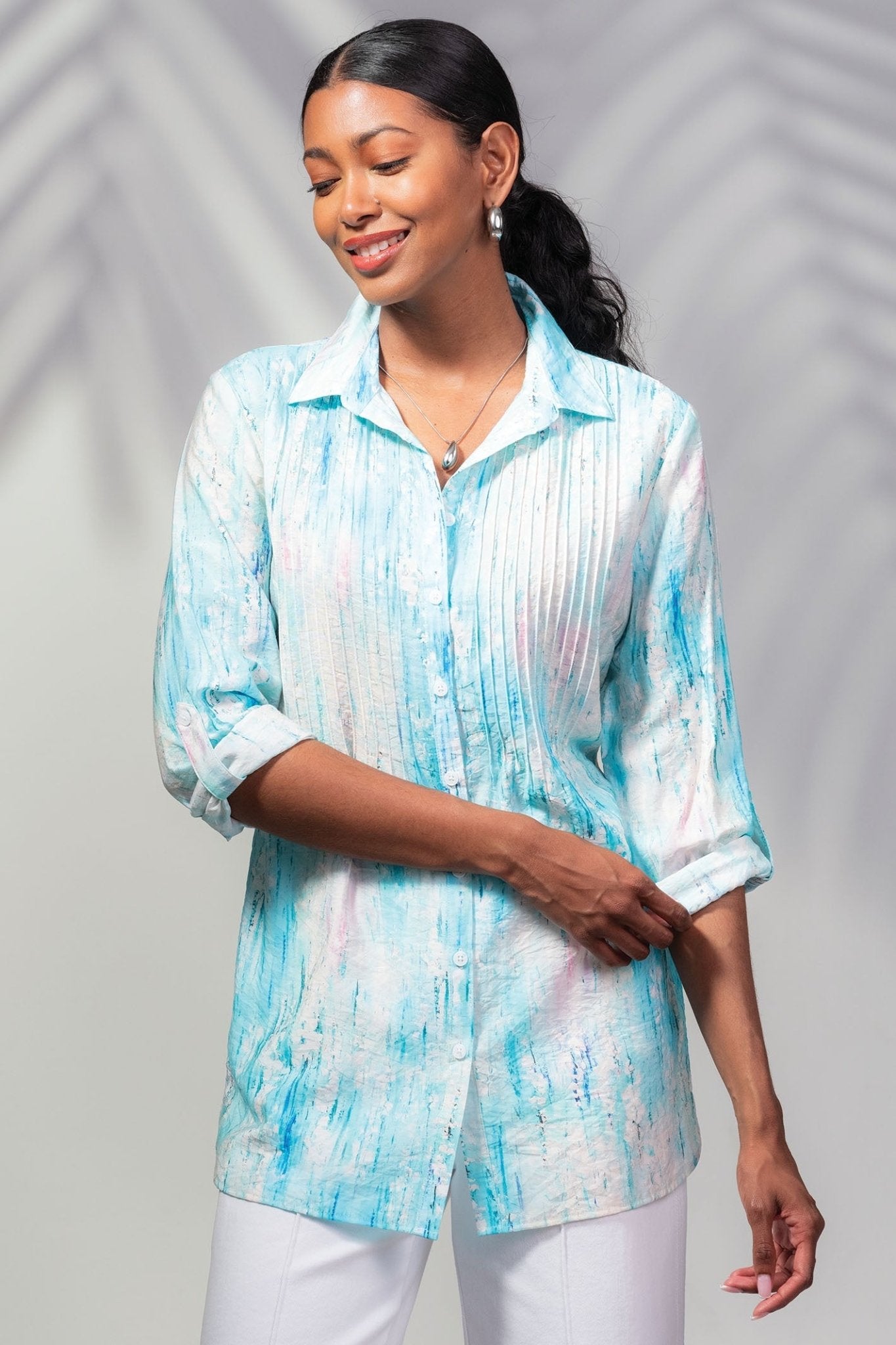Alison Sheri A45445 Blue Multicolour Pintuck Front Shirt - Dotique - Alison Sheri
