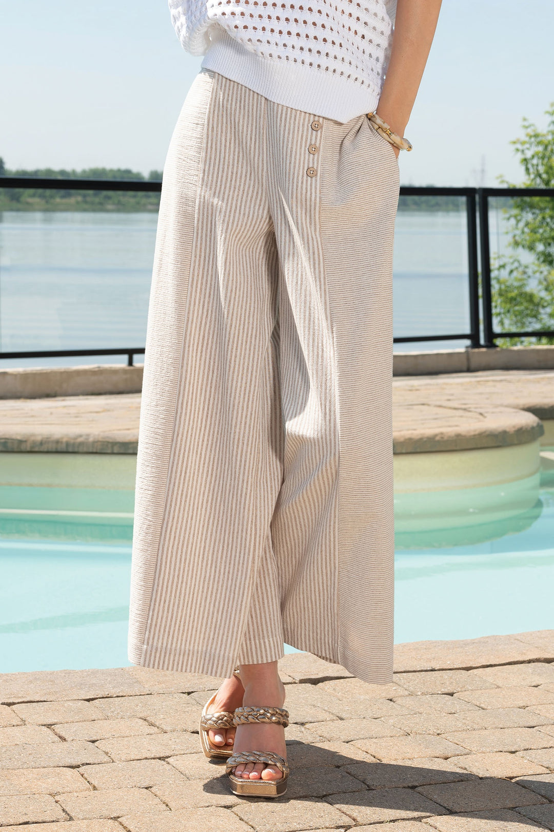 Alison Sheri A45489 Sand Stripe Wide Leg Cullote Trousers - Dotique