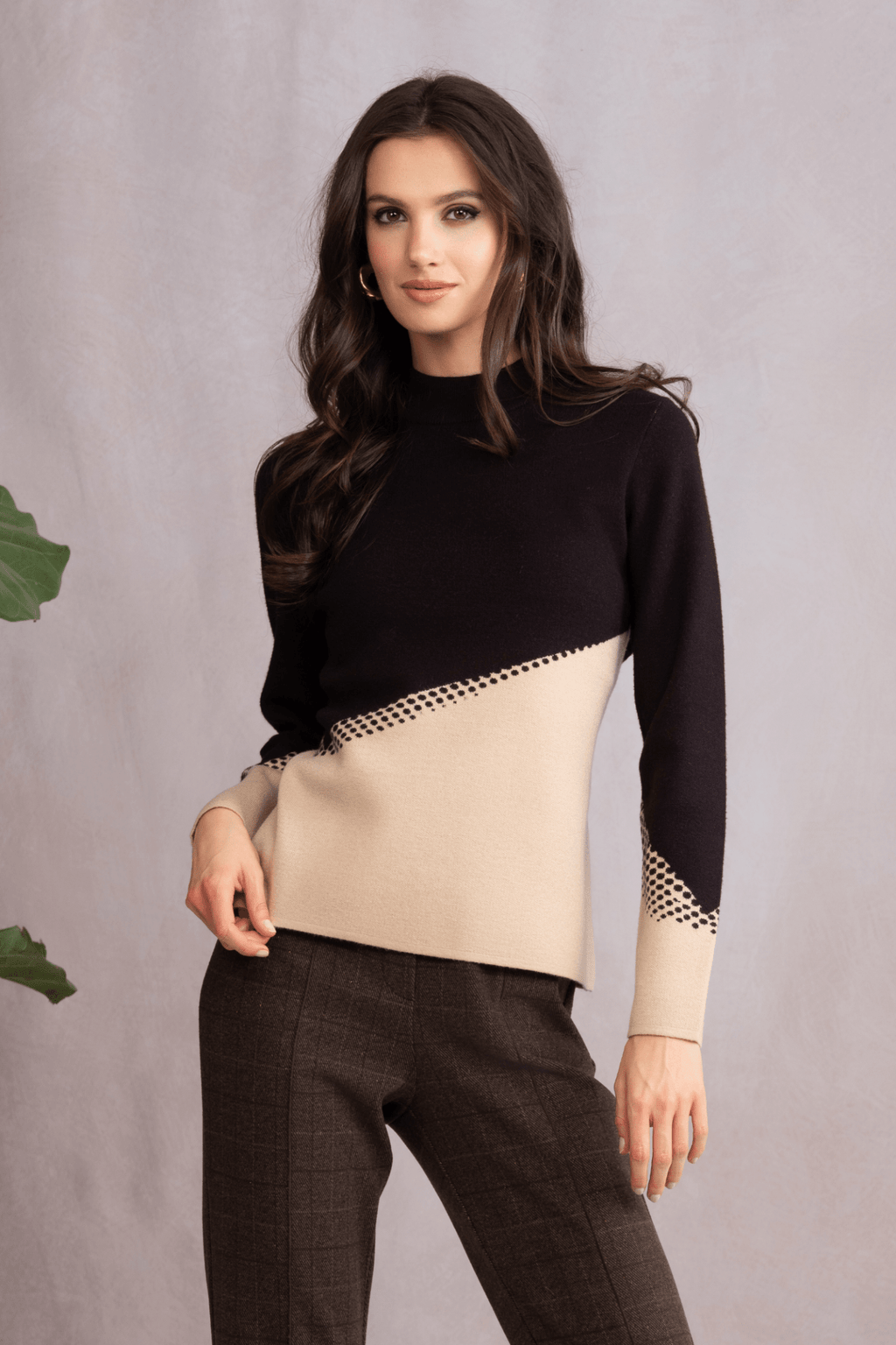 Alison Sheri A46042 Beige and Black Asymmetric Round Neck Jumper at Dotique Peak Village