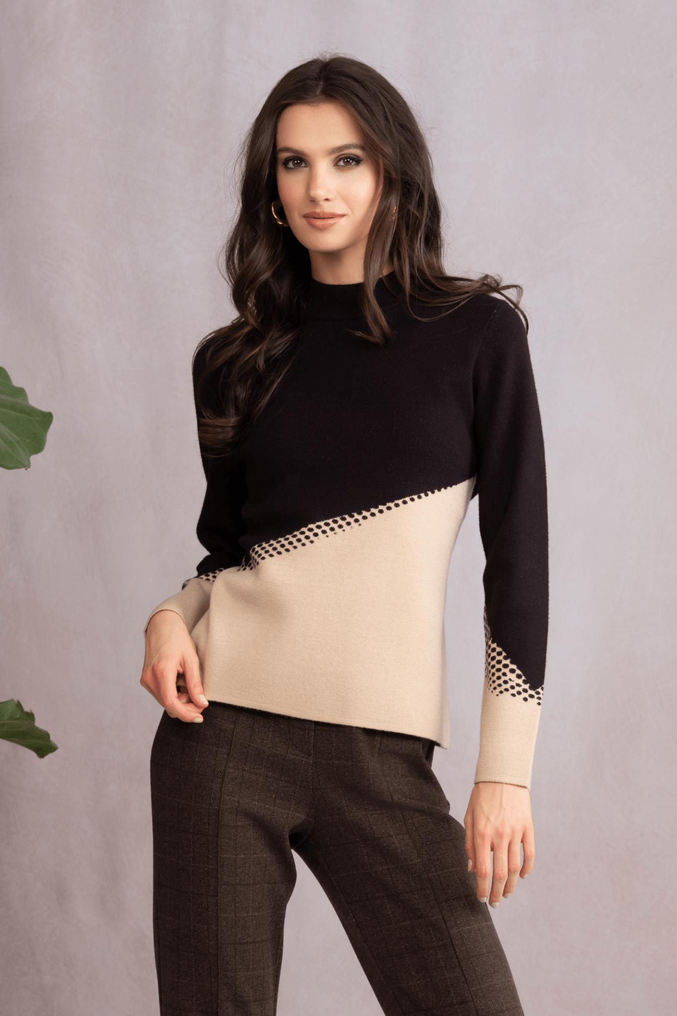 Alison Sheri A46042 Beige and Black Asymmetric Round Neck Jumper at Dotique Peak Village