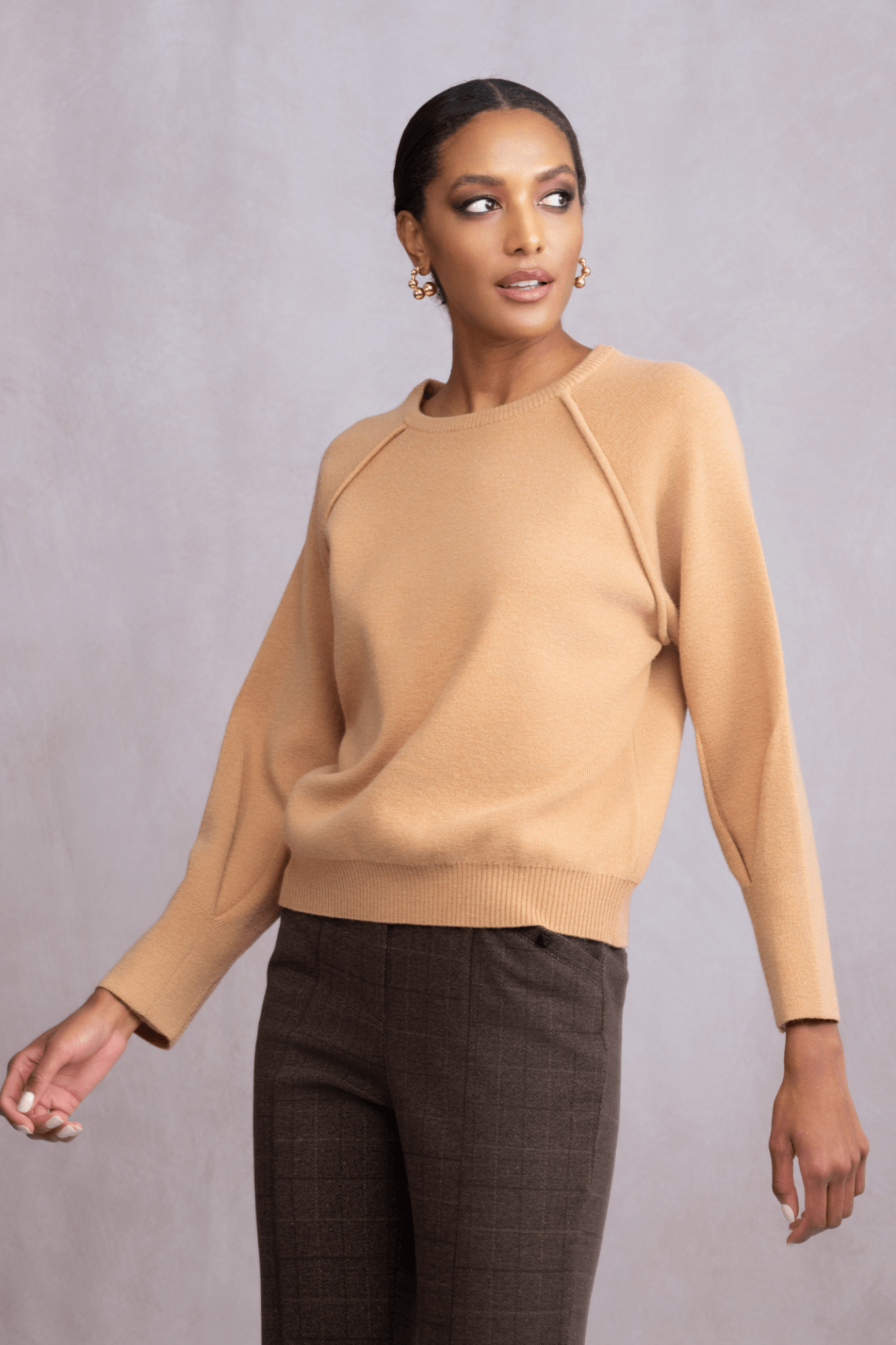 Alison Sheri A46222 Beige Roundneck Jumper with Arm Trim