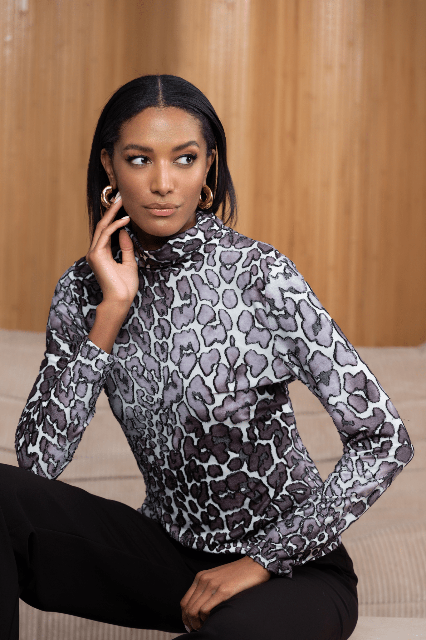 Alison Sheri A46256 Animal Print Mesh Top with Shirred Cuffs