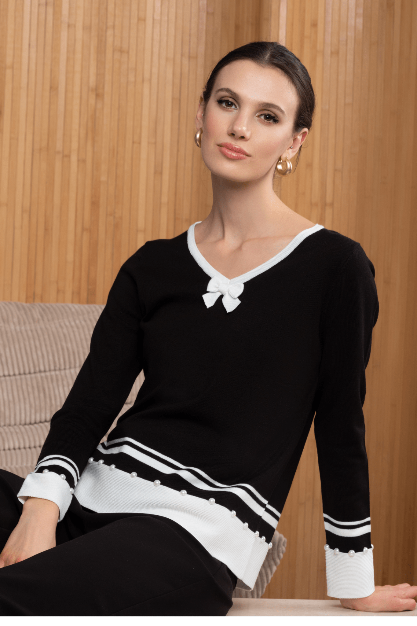 Alison Sheri A46365 Black Jumper with White Bow and Pearl Detail